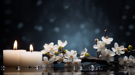 Beautiful blossoming branch on a dark background with burning candles.の素材