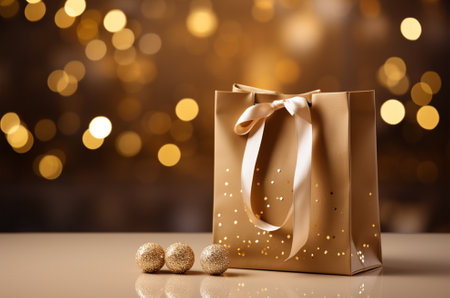 Golden gift bag with golden christmas balls on bokeh backgroundの素材