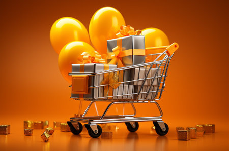 Shopping cart with gifts and balloons on orange background. 3d illustration.の素材