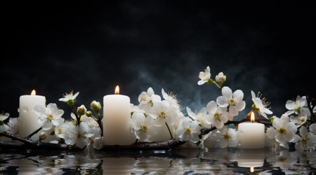 Beautiful blooming branch with white flowers and burning candles on black backgroundの素材