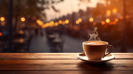 Coffee cup on wooden table in coffee shop with bokeh backgroundの素材