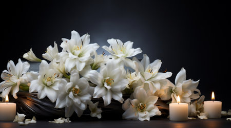 Beautiful white lilies and candles on black background, closeupの素材