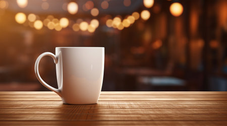 Coffee cup on wooden table and bokeh background.の素材