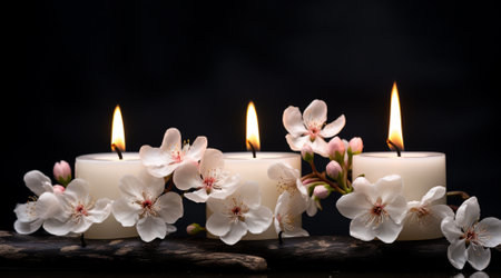Cherry blossoms with burning candles on a black background with copy spaceの素材