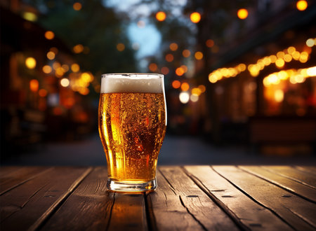 Glass of beer on a wooden table with bokeh background.の素材