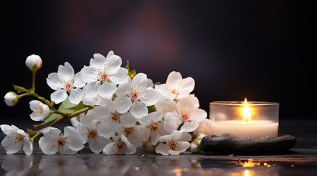 Cherry blossoms and burning candle on wooden table, closeupの素材