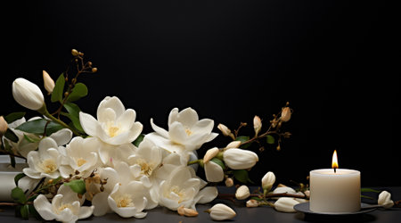 Bouquet of white magnolia flowers with burning candle on black backgroundの素材