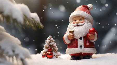 Santa Claus with christmas tree and snow background, merry christmasの素材