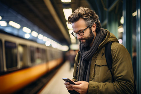 Young man using smart phone while waiting for train at the station.の素材