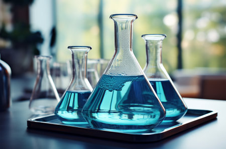 Laboratory glassware with blue liquid on table in chemical laboratory.の素材