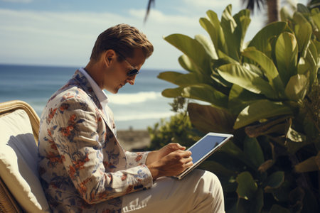 Young man using a tablet computer on the beach, wearing sunglasses.の素材