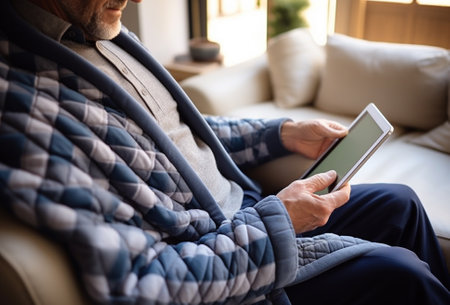 Senior man using digital tablet while sitting on sofa at home in the living roomの素材