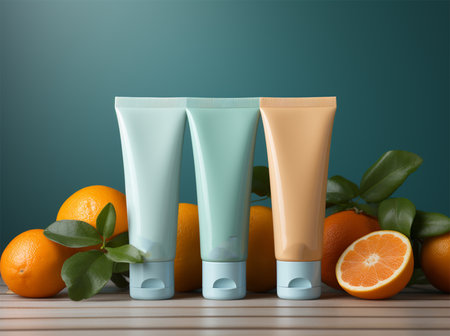 Set of cosmetic products with oranges on green background. 3d illustrationの素材