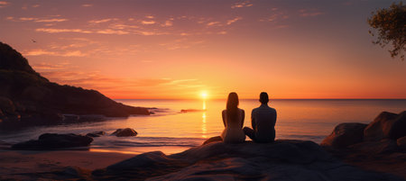 Man and woman sitting on a rock by the sea at sunset.の素材