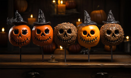 Halloween pumpkins with scary faces and candles on wooden background.の素材