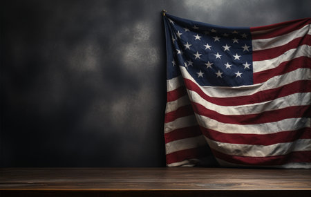 American flag on wooden table against dark grey background, 3d renderの素材