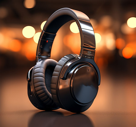 Black headphones on a dark background. 3d rendering. Bokehの素材