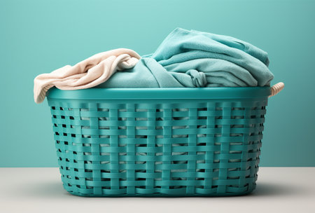 Laundry basket with clothes on blue wall background. 3d renderingの素材