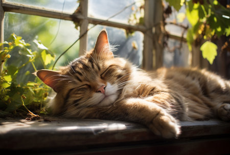 Siberian cat sleeps on the windowsill in the sun.の素材