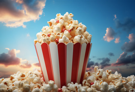Popcorn with red striped box on blue sky background. 3d renderingの素材