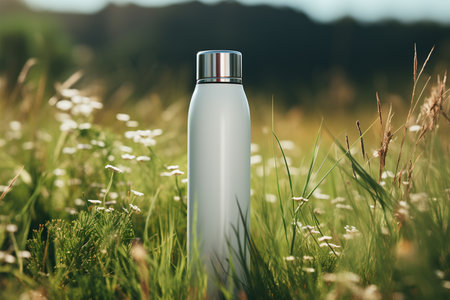 Mockup of a sports bottle on a green meadow.の素材