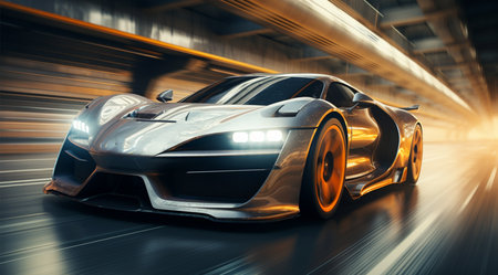 Sports car on the road with motion blur background. 3d renderingの素材