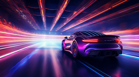 Sport car on the road with motion blur background. 3d renderingの素材