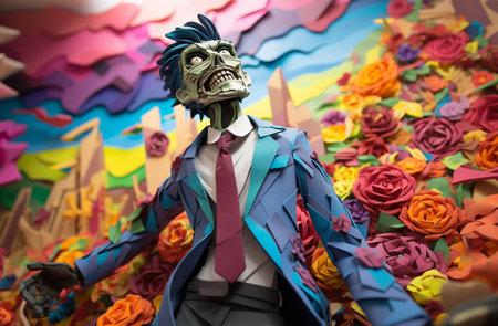 Halloween background with a scary monster and colorful paper flowers. Halloween concept.の素材