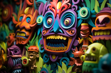 Colorful wooden masks for sale at a market in Lisbon, Portugalの素材