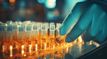 Scientist hand holding test tube with blood sample in laboratory, science research and development conceptの素材