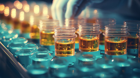 Scientist holding test tubes with yellow liquid in laboratory, closeupの素材