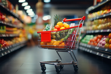 Shopping cart with fruits and vegetables in supermarket. Shallow depth of fieldの素材