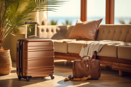 Suitcases on floor in living room. Travel and vacation conceptの素材