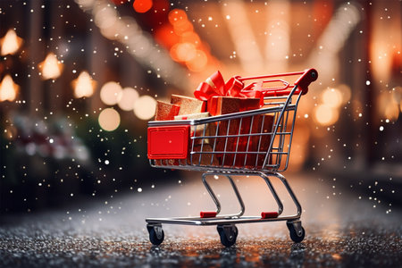 Shopping cart with gift boxes on bokeh background. Christmas shopping concept.の素材