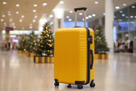 Yellow suitcase in shopping mall, closeup. Christmas and New Year conceptの素材