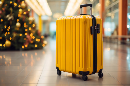 Yellow suitcase in airport terminal with christmas tree bokeh backgroundの素材