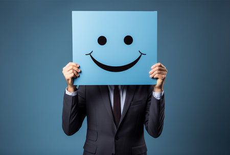 Businessman holding a paper with a smiley face on it in front of his headの素材