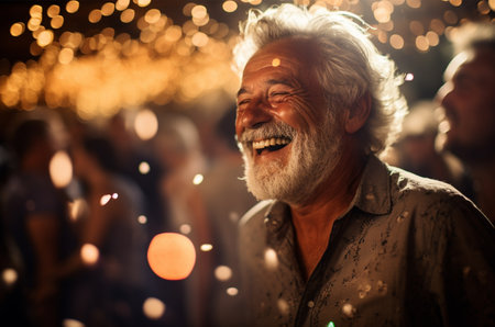 Portrait of a happy senior man with sparklers at a music festivalの素材