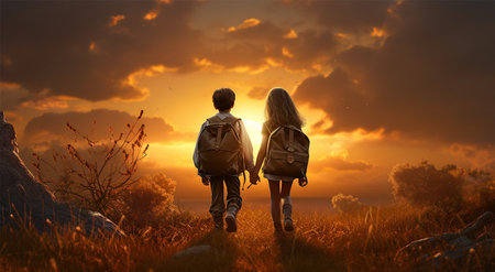 Back view of two girls with backpacks walking on the road at sunsetの素材