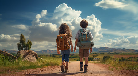 Back view of boy and girl with backpacks walking on dirt roadの素材