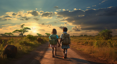 Back view of two girls with backpacks walking on the road at sunsetの素材