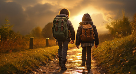 Back view of two kids with backpacks walking on a country road at sunsetの素材