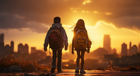 Back view of a boy and girl with backpacks and backpacks walking on the street at sunsetの素材
