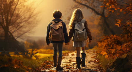 Back view of two teenage girls with backpacks walking in autumn parkの素材