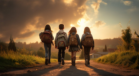 Back view of a group of girls with backpacks walking on a country road at sunsetの素材