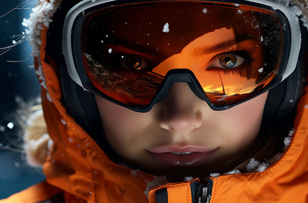 Close-up portrait of a beautiful girl in a ski suit and goggles.の素材