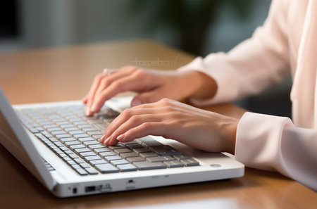 Close up of businesswoman hands typing on laptop keyboard at desk in officeの素材