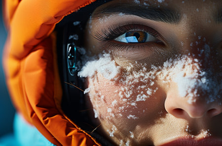 Close-up portrait of a girl with snowflakes on her faceの素材
