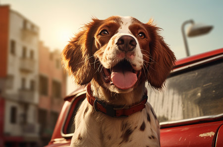 Cute welsh springer spaniel dog sitting on old carの素材