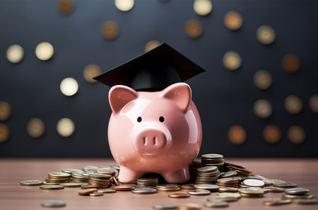 Piggy bank with graduation cap and coins on wooden table.の素材